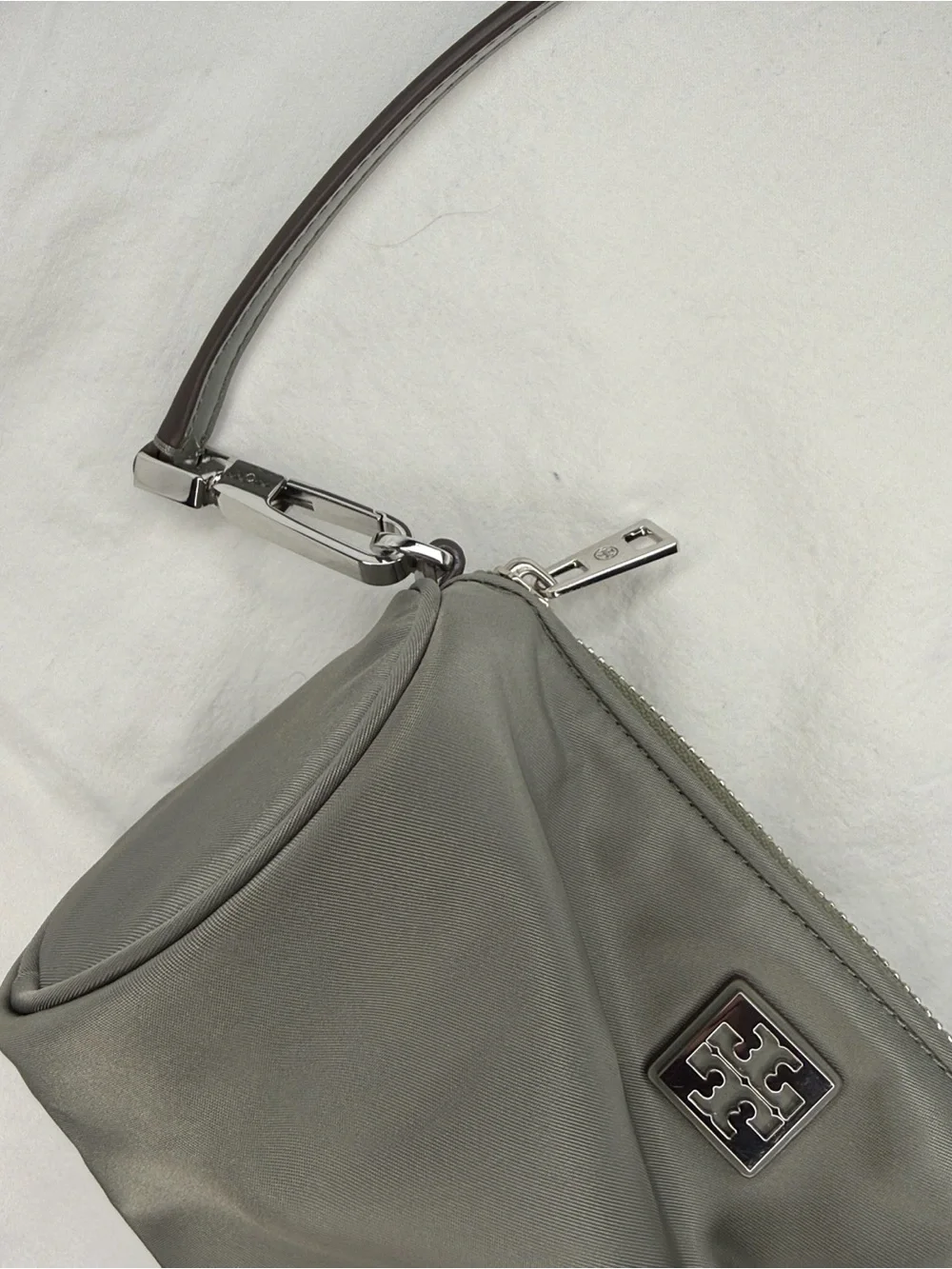 Tory Burch Olive Gray Nylon Shoulder Bag with Silver Logo NWOT